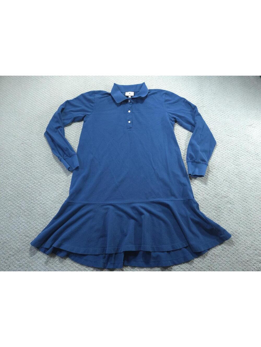 Tuckernuck Dress Womens Medium Hutton Polo Navy Knit Ruffle Hem Short Sleeved